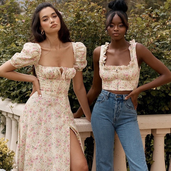 Floral dress puff sleeve summer flower slit long maxi cream gold women’s ruched - Picture 7 of 13